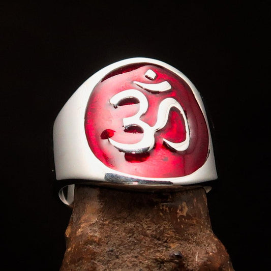 Excellent crafted Men's red Aum Buddhist Ring - Sterling Silver - BikeRing4u