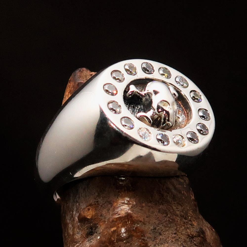 Men's Alien Skull Ring surrounded with 15 white CZ - Sterling Silver - BikeRing4u