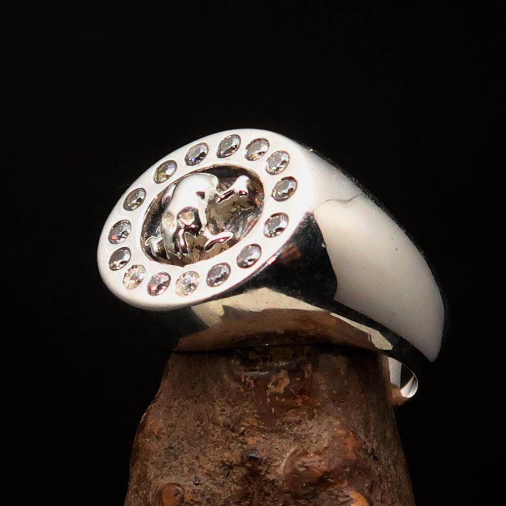 Men's Alien Skull Ring surrounded with 15 white CZ - Sterling Silver - BikeRing4u