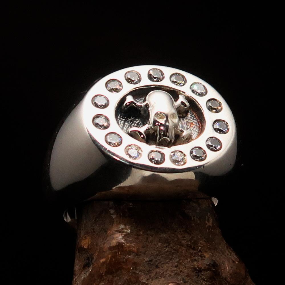 Men's Alien Skull Ring surrounded with 15 white CZ - Sterling Silver - BikeRing4u