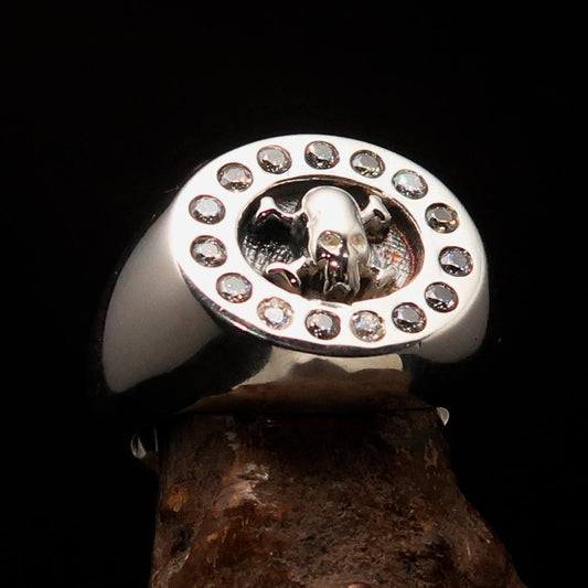 Men's Alien Skull Ring surrounded with 15 white CZ - Sterling Silver - BikeRing4u