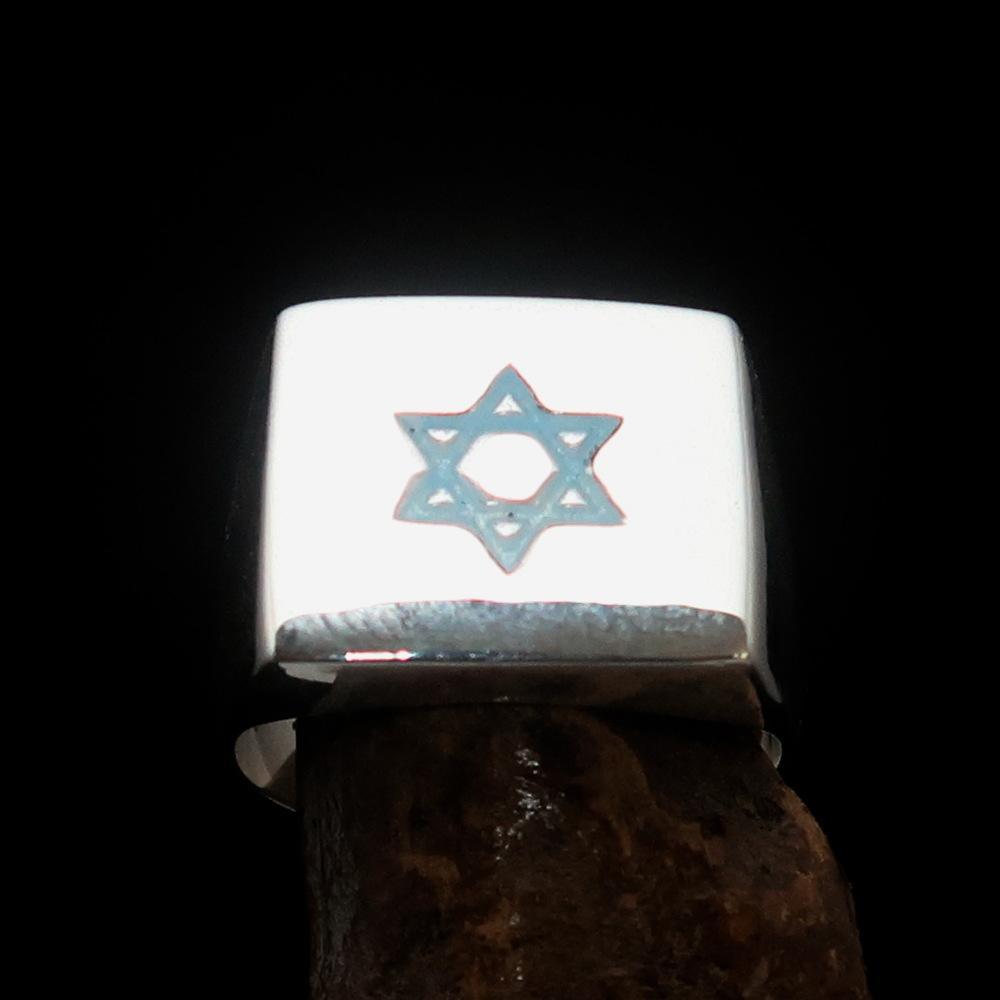 Excellent crafted Sterling Silver Men's Hexagram Ring Star of David Blue - BikeRing4u