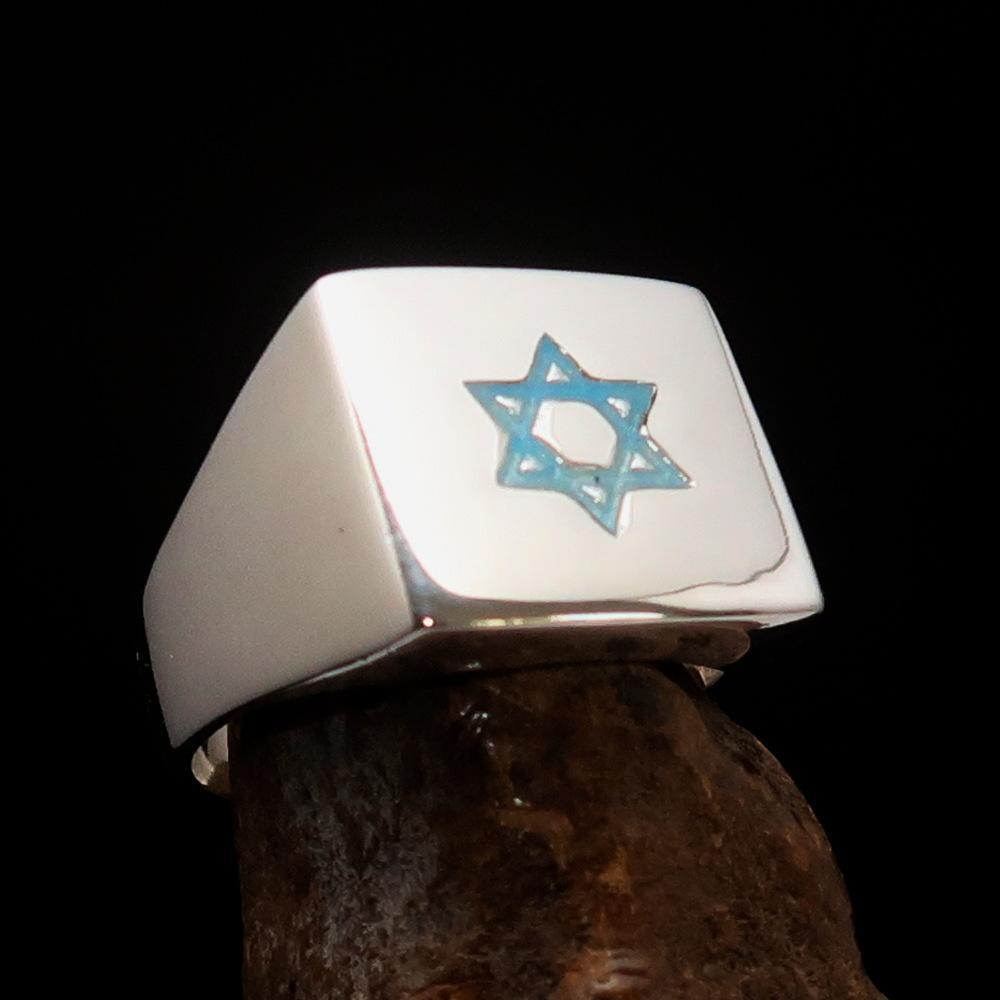 Excellent crafted Sterling Silver Men's Hexagram Ring Star of David Blue - BikeRing4u