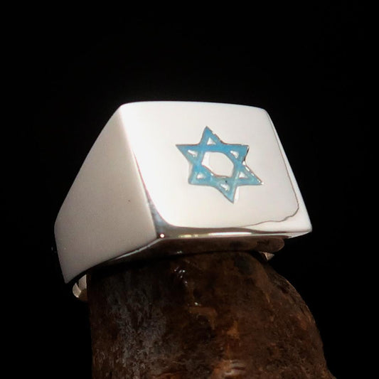 Excellent crafted Sterling Silver Men's Hexagram Ring Star of David Blue - BikeRing4u