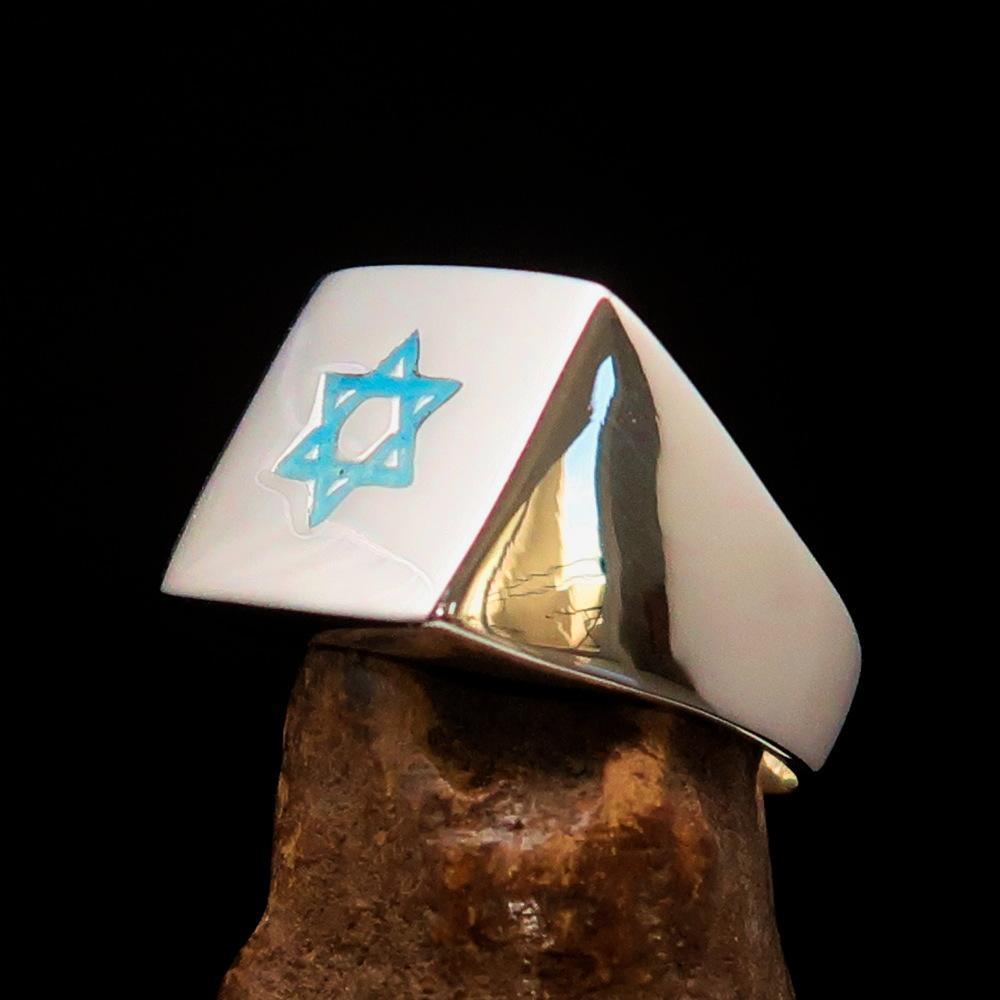 Excellent crafted Sterling Silver Men's Hexagram Ring Star of David Blue - BikeRing4u