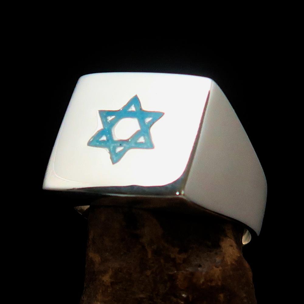 Excellent crafted Sterling Silver Men's Hexagram Ring Star of David Blue - BikeRing4u