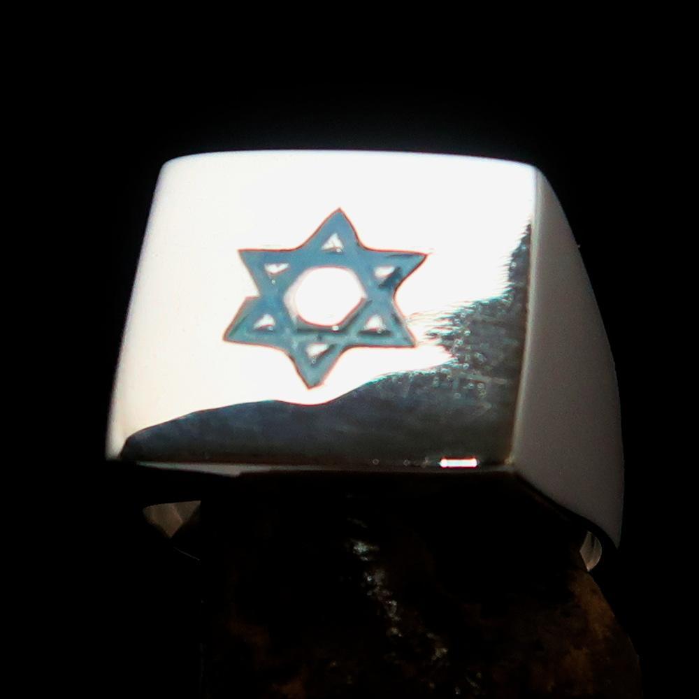 Excellent crafted Sterling Silver Men's Hexagram Ring Star of David Blue - BikeRing4u