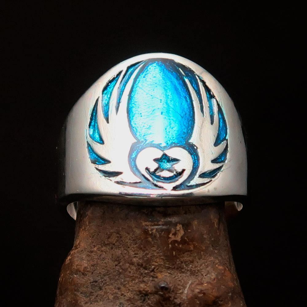 Excellent crafted Men's Claddagh Ring blue winged heart Star Moon - Sterling Silver - BikeRing4u