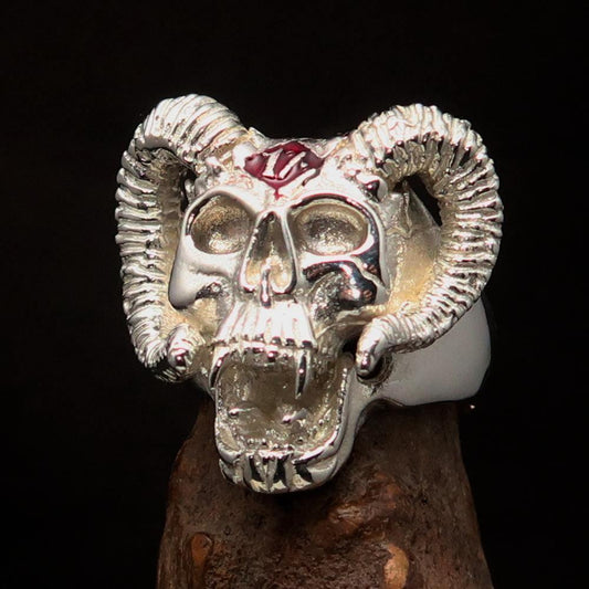Excellent crafted Men's red 1% Ram Skull Outlaw Ring - Sterling Silver - BikeRing4u