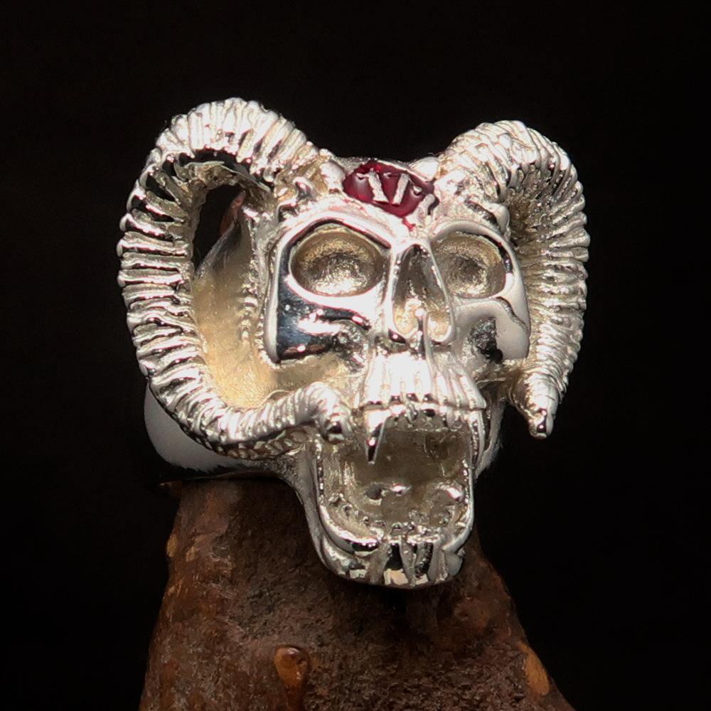 Excellent crafted Men's red 1% Ram Skull Outlaw Ring - Sterling Silver - BikeRing4u