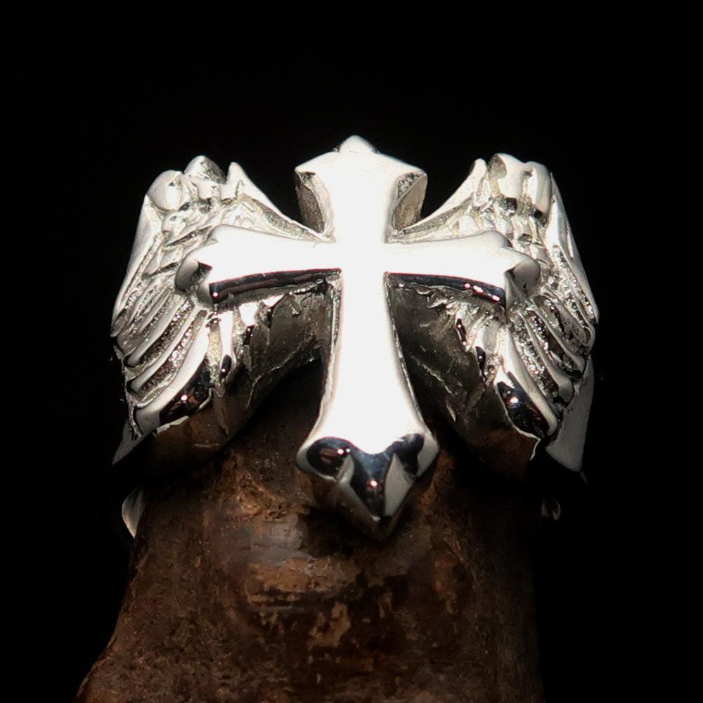 Excellent crafted shiny Men's flying winged Cross Ring - Sterling Silver - BikeRing4u