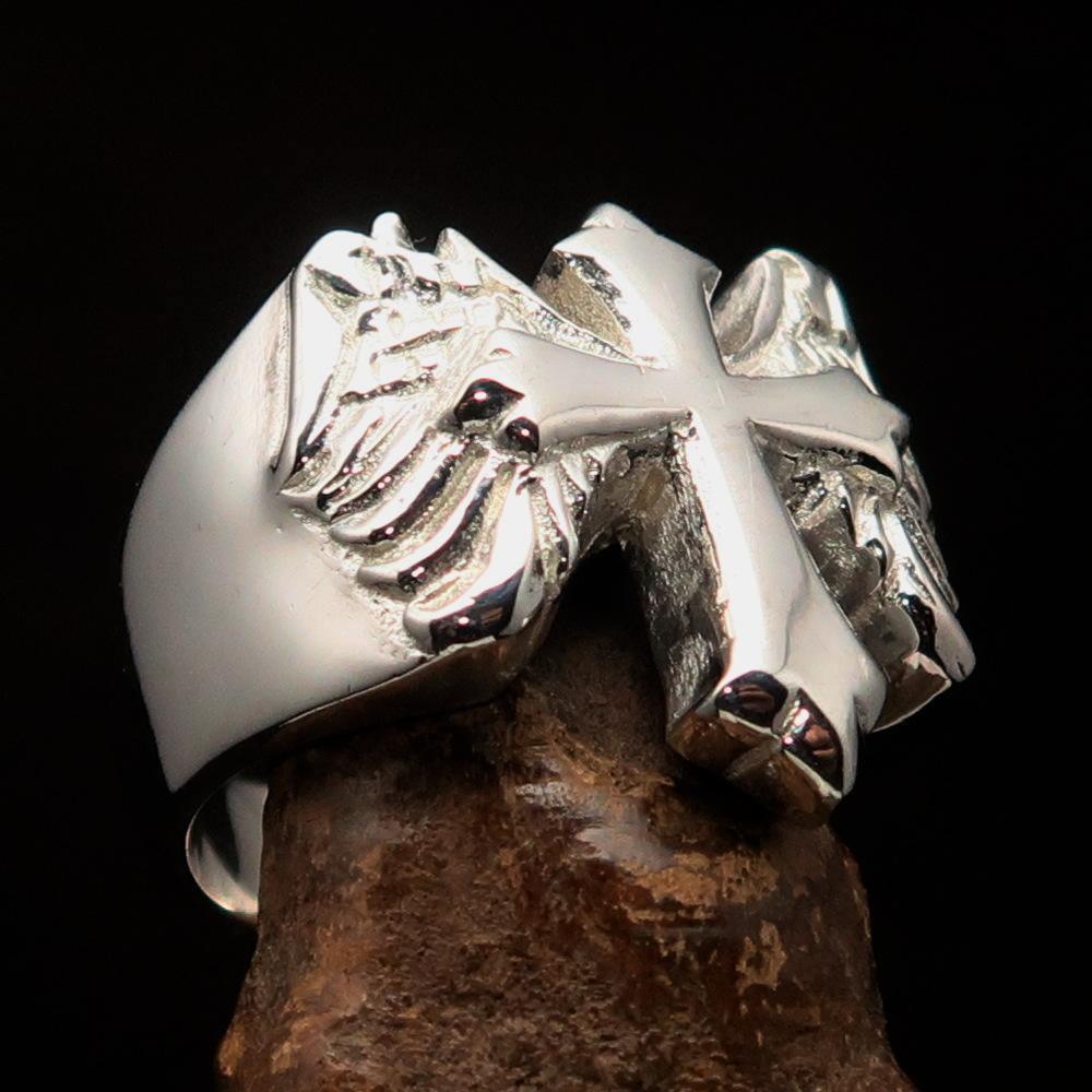 Excellent crafted shiny Men's flying winged Cross Ring - Sterling Silver - BikeRing4u