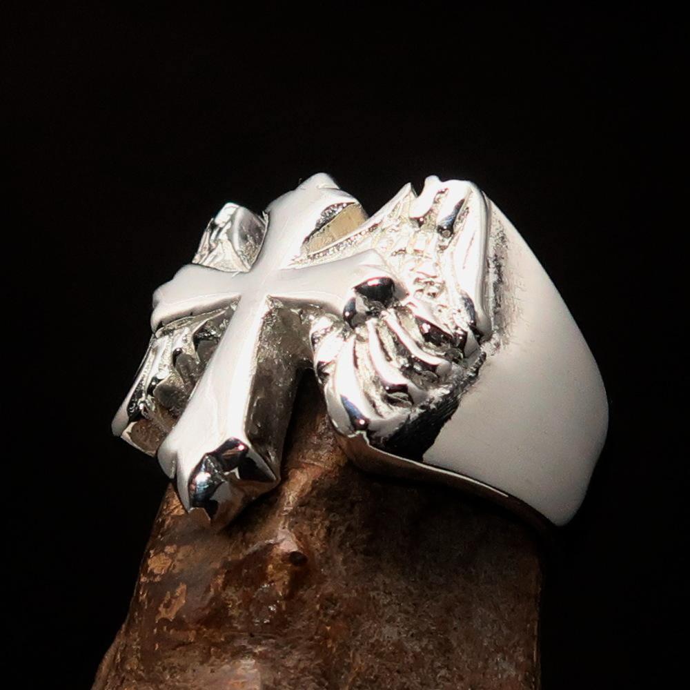 Excellent crafted shiny Men's flying winged Cross Ring - Sterling Silver - BikeRing4u