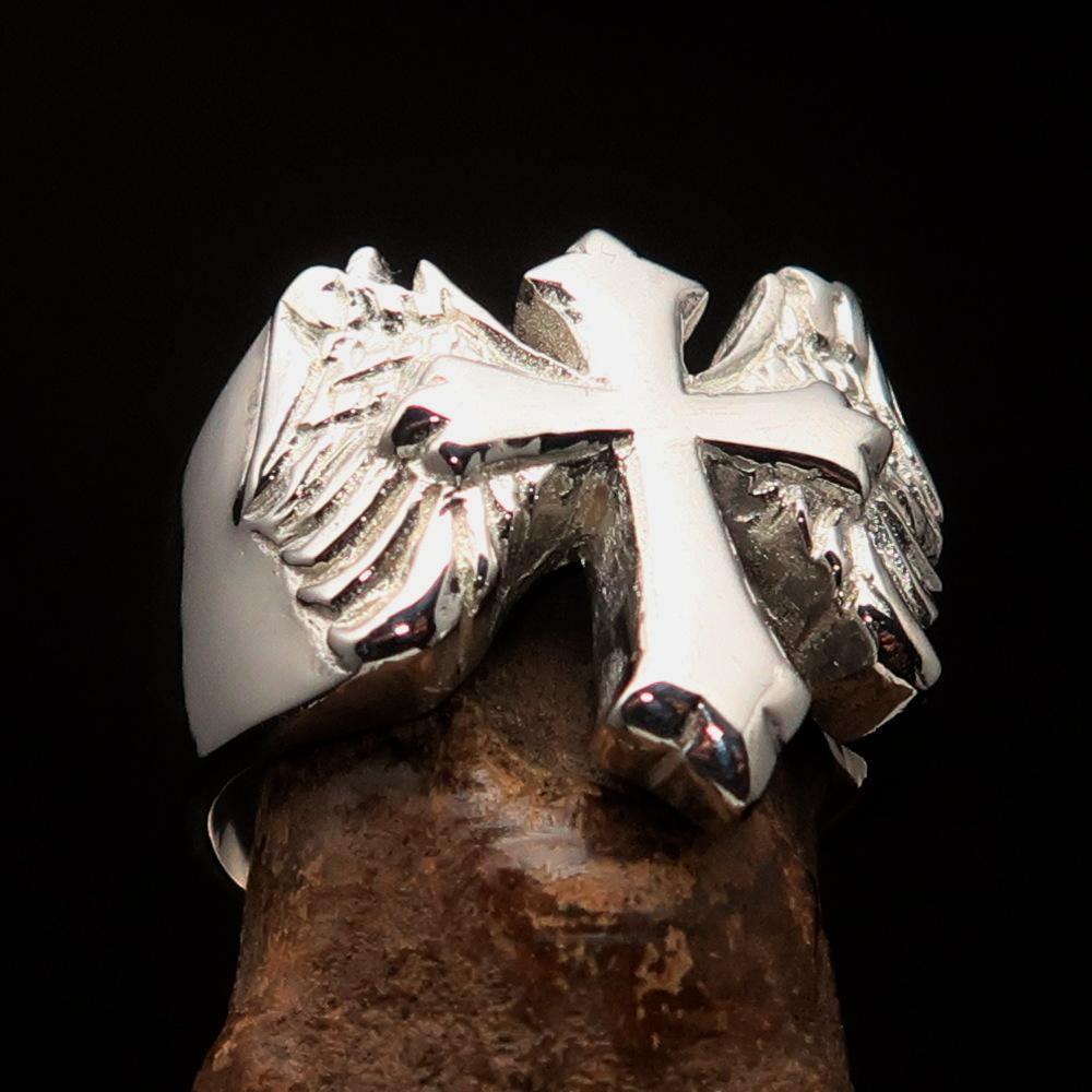 Excellent crafted shiny Men's flying winged Cross Ring - Sterling Silver - BikeRing4u