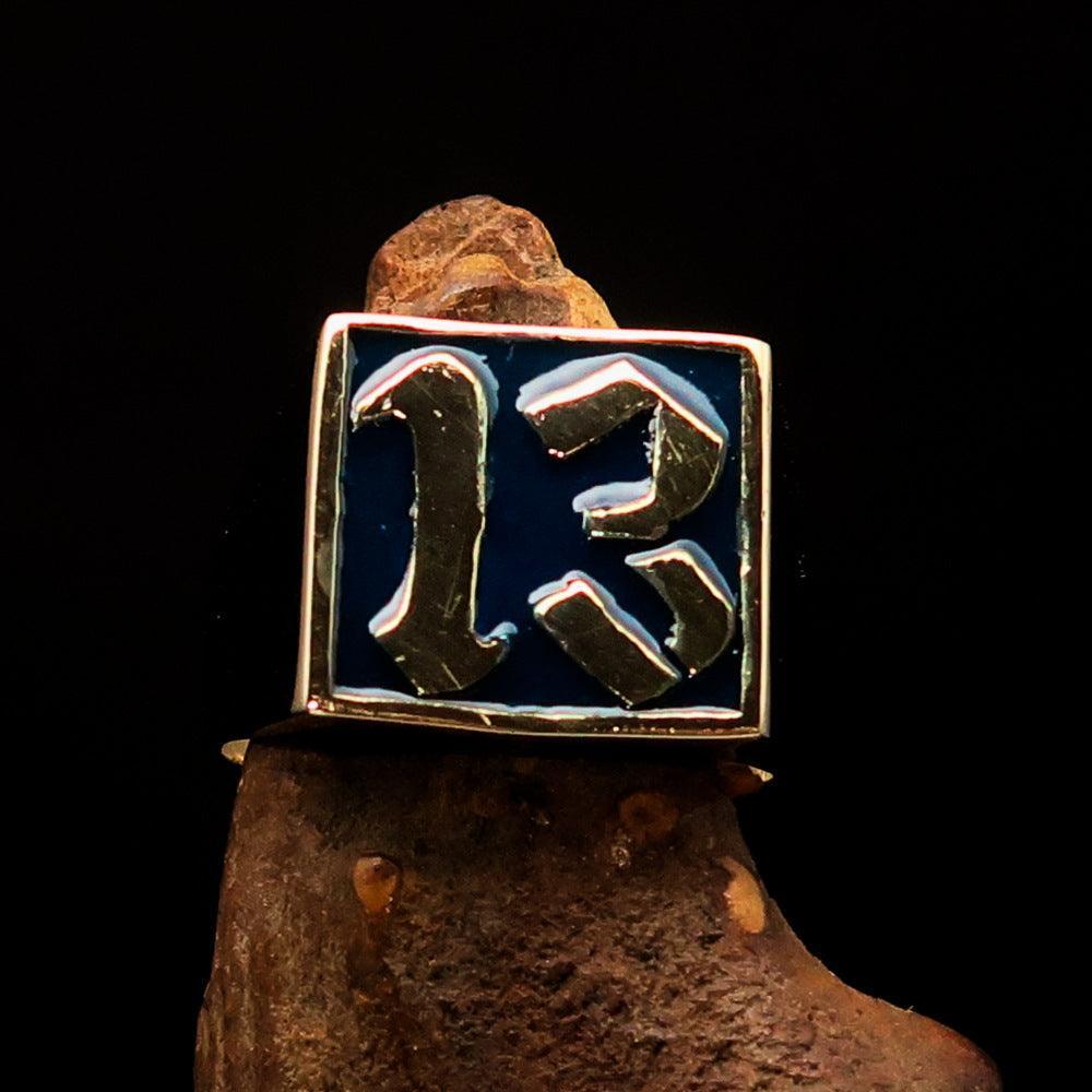 Excellent crafted Men's blue lucky Number 13 Biker Ring - Solid Brass - BikeRing4u