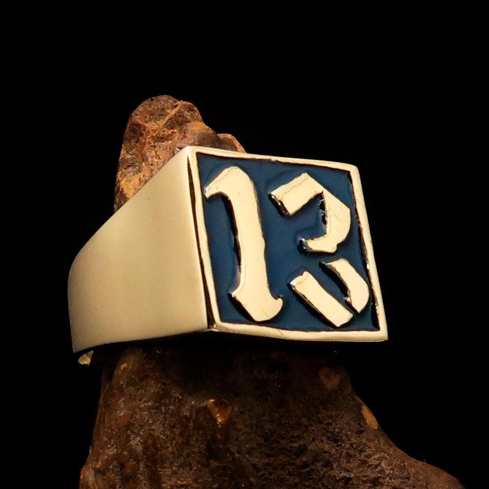 Excellent crafted Men's blue lucky Number 13 Biker Ring - Solid Brass - BikeRing4u