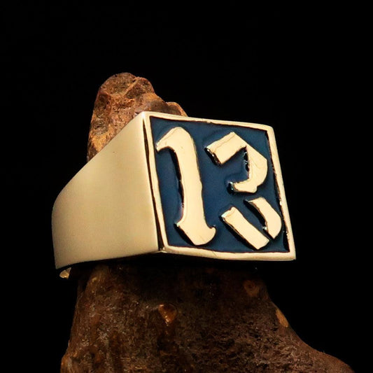 Excellent crafted Men's blue lucky Number 13 Biker Ring - Solid Brass - BikeRing4u