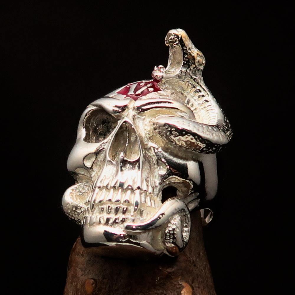 Excellent crafted Men's red 1% Snake Skull Outlaw Ring - Sterling Silver - BikeRing4u