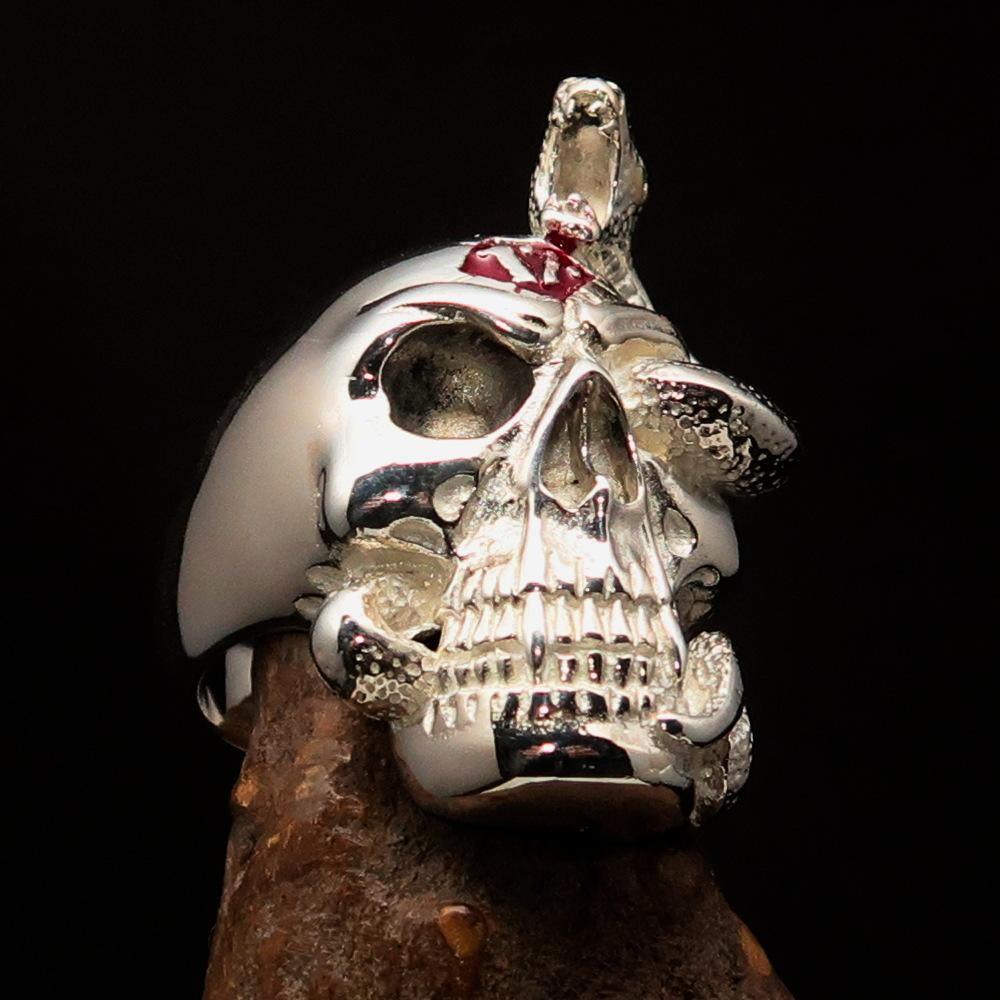Excellent crafted Men's red 1% Snake Skull Outlaw Ring - Sterling Silver - BikeRing4u