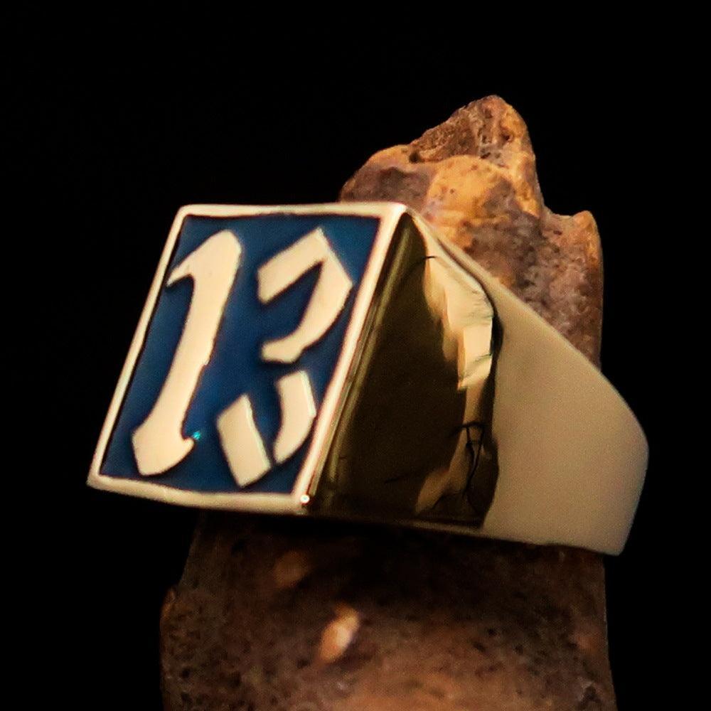 Excellent crafted Men's blue lucky Number 13 Biker Ring - Solid Brass - BikeRing4u