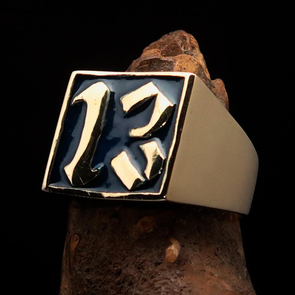 Excellent crafted Men's blue lucky Number 13 Biker Ring - Solid Brass - BikeRing4u