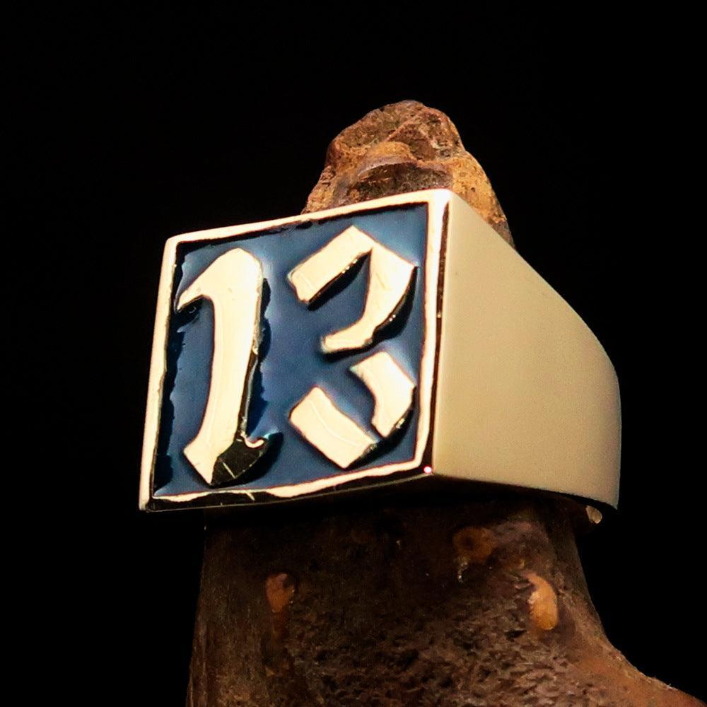 Excellent crafted Men's blue lucky Number 13 Biker Ring - Solid Brass - BikeRing4u