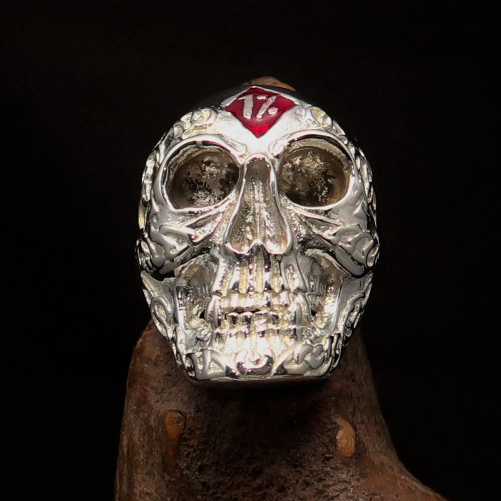 Excellent crafted Men's red 1% Runes Skull Outlaw Ring - Sterling Silver - BikeRing4u