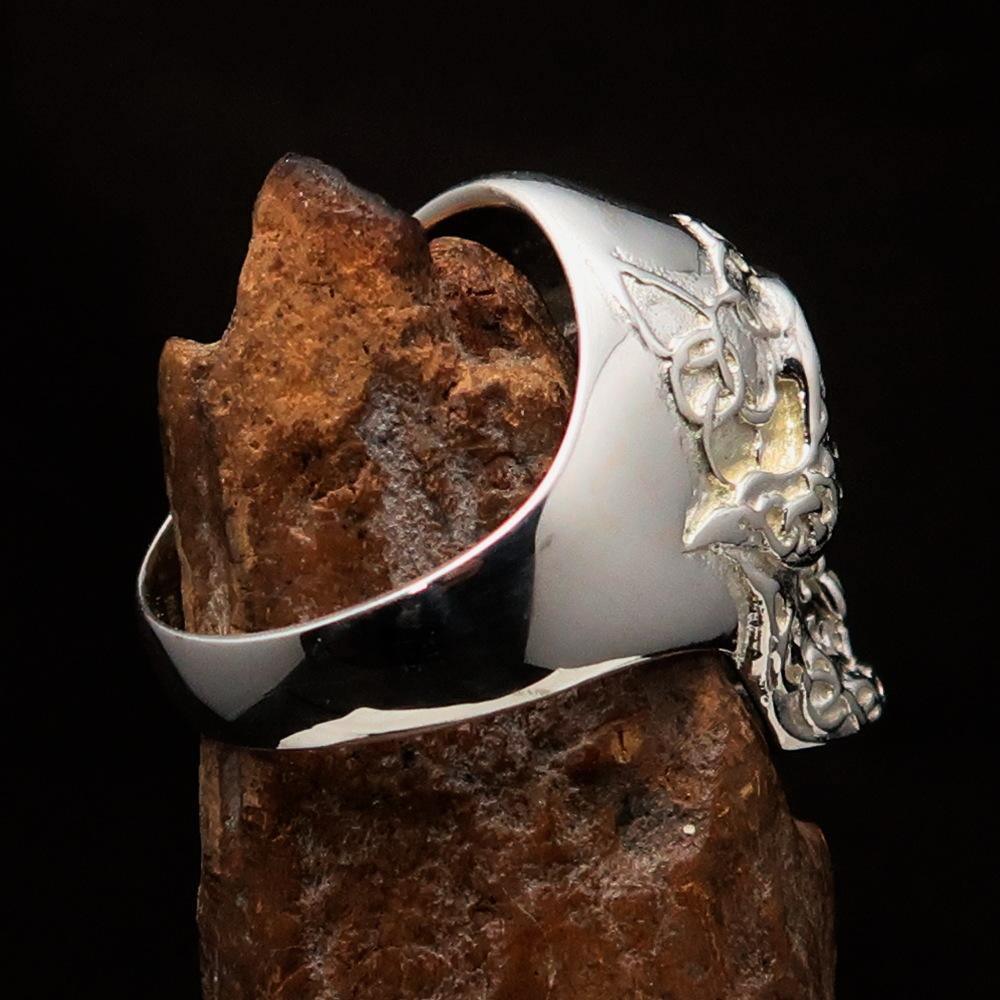 Excellent crafted Men's red 1% Runes Skull Outlaw Ring - Sterling Silver - BikeRing4u