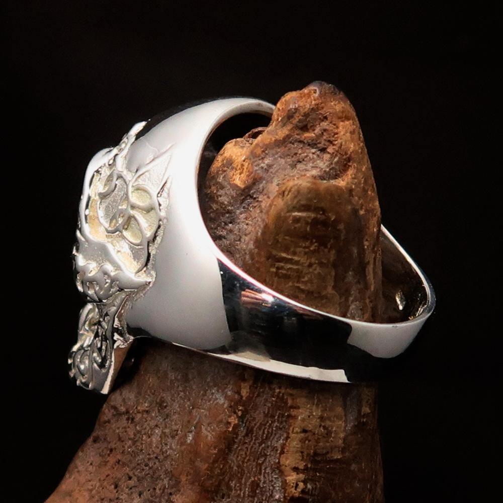 Excellent crafted Men's red 1% Runes Skull Outlaw Ring - Sterling Silver - BikeRing4u