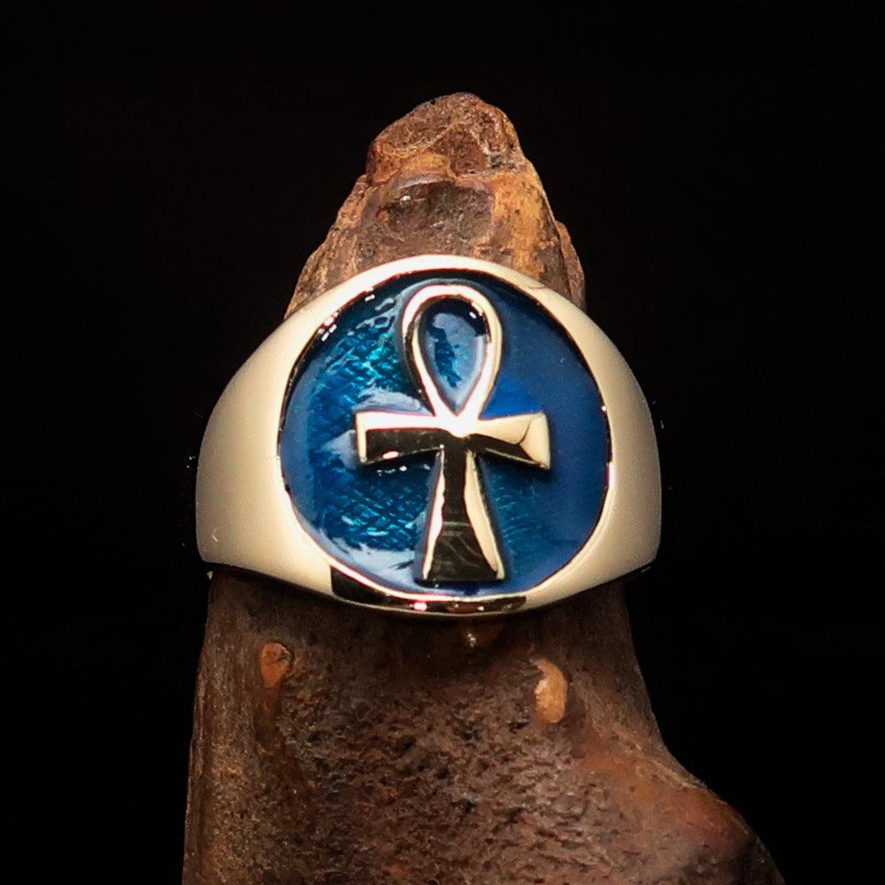 Excellent crafted Men's big blue Egyptian Ankh Cross Ring - solid Brass - BikeRing4u