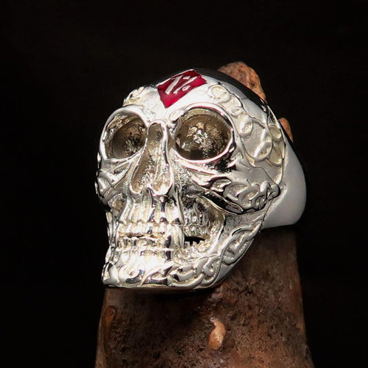 Excellent crafted Men's red 1% Runes Skull Outlaw Ring - Sterling Silver - BikeRing4u