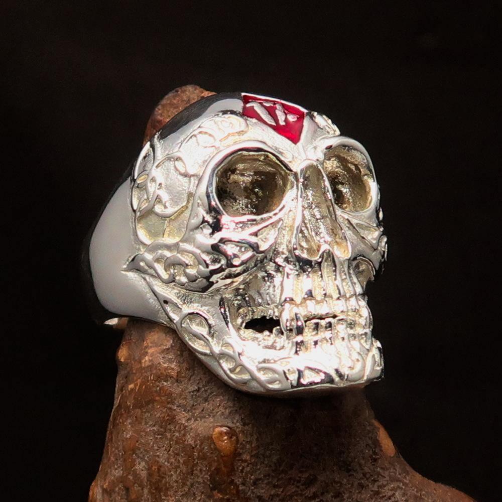 Excellent crafted Men's red 1% Runes Skull Outlaw Ring - Sterling Silver - BikeRing4u