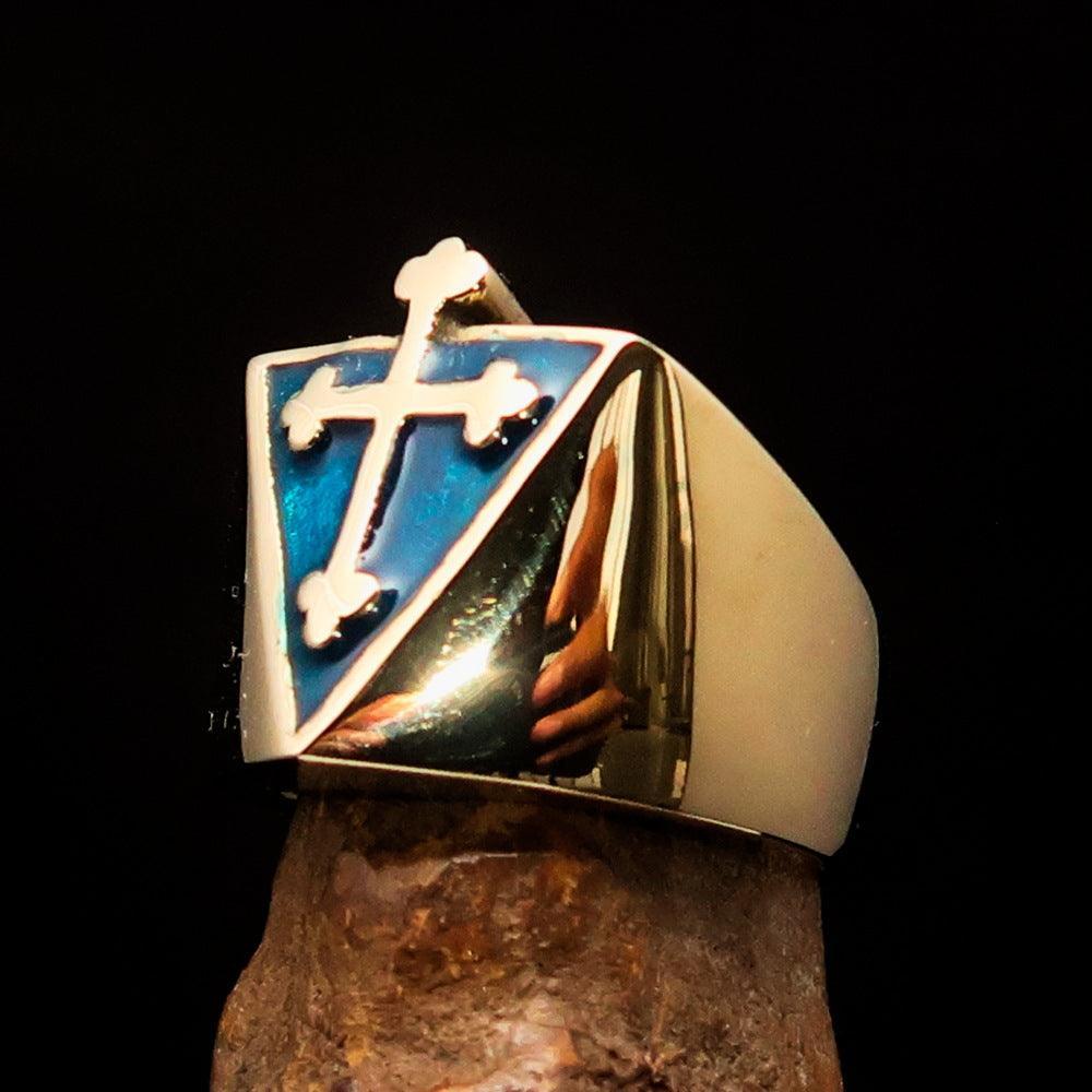 Excellent crafted Men's blue Coptic Rose Cross Ring - Solid Brass - BikeRing4u