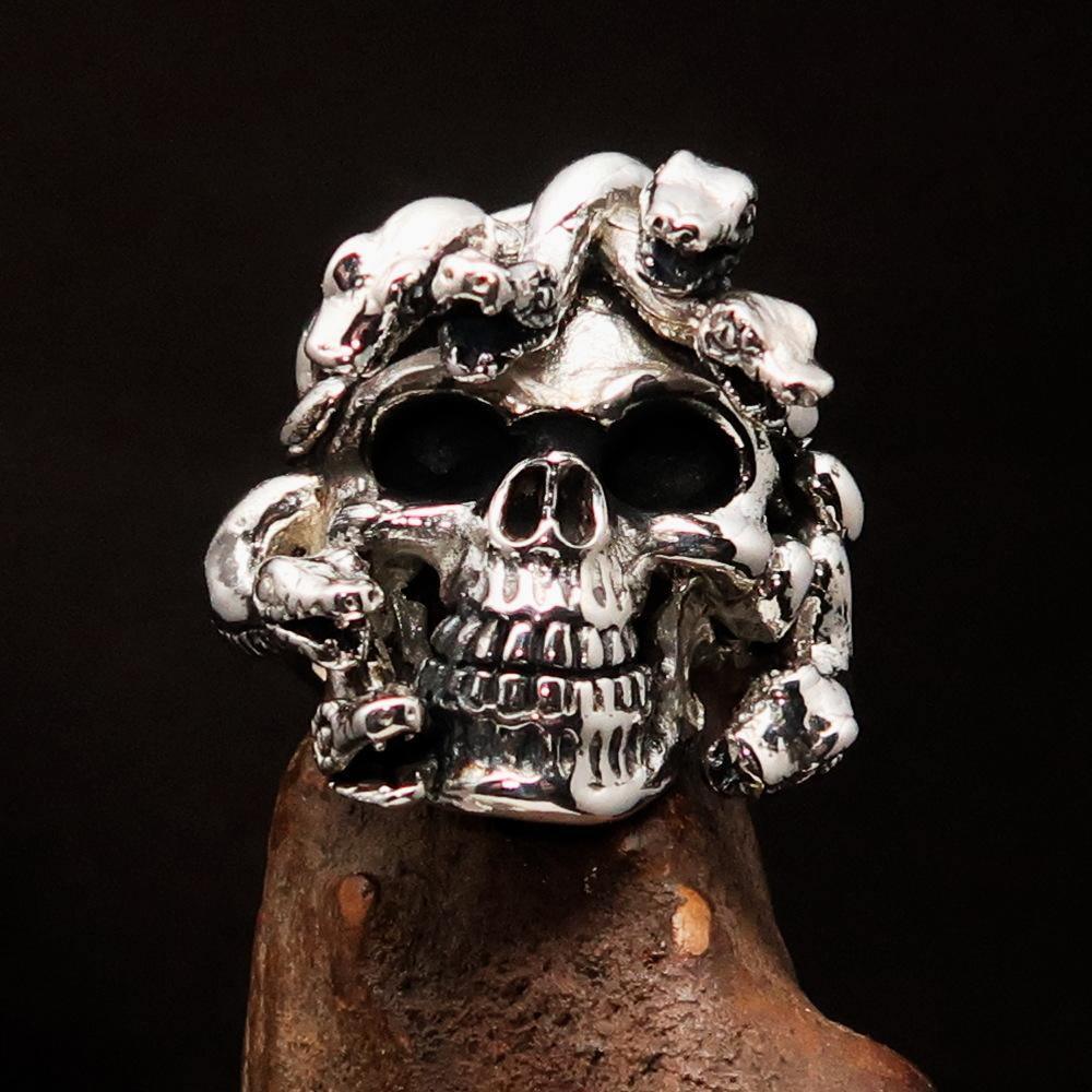 Excellent crafted Men's Medusa Snake Skull Ring - Antiqued Sterling Silver - BikeRing4u