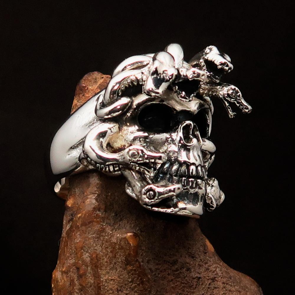 Excellent crafted Men's Medusa Snake Skull Ring - Antiqued Sterling Silver - BikeRing4u
