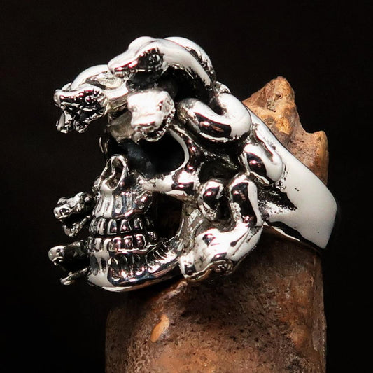 Excellent crafted Men's Medusa Snake Skull Ring - Antiqued Sterling Silver - BikeRing4u