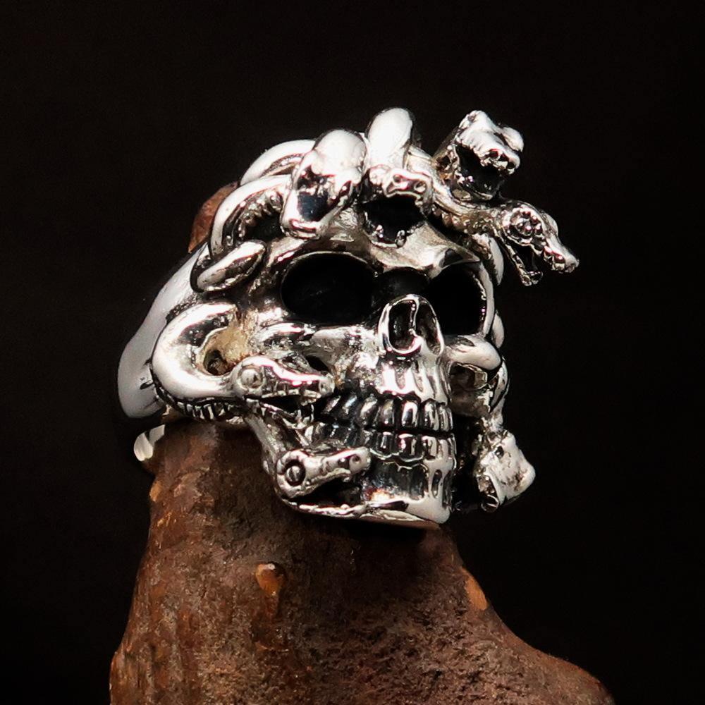 Excellent crafted Men's Medusa Snake Skull Ring - Antiqued Sterling Silver - BikeRing4u