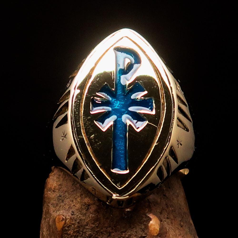 Ancient Christian Monogram Men's Cross Ring blue Chi Rho XP - Solid Brass - BikeRing4u