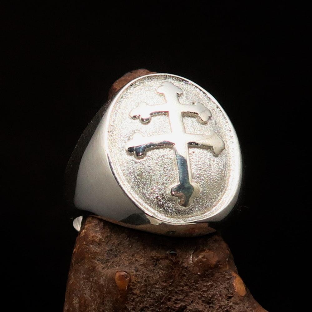 Excellent crafted oval domed Men's two tone Cross Lorraine Ring - Sterling Silver - BikeRing4u