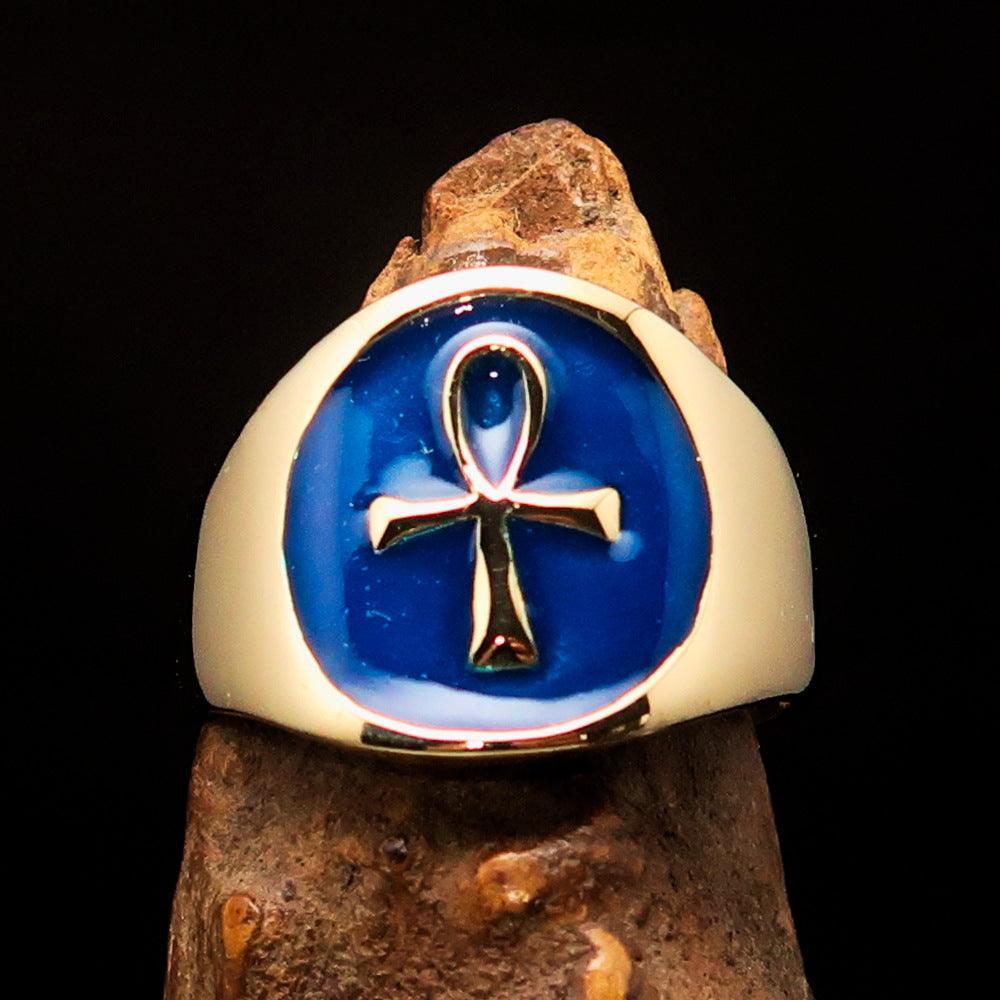 Well made Men's small blue Egyptian Ankh Cross Pinky Ring - solid Brass - BikeRing4u