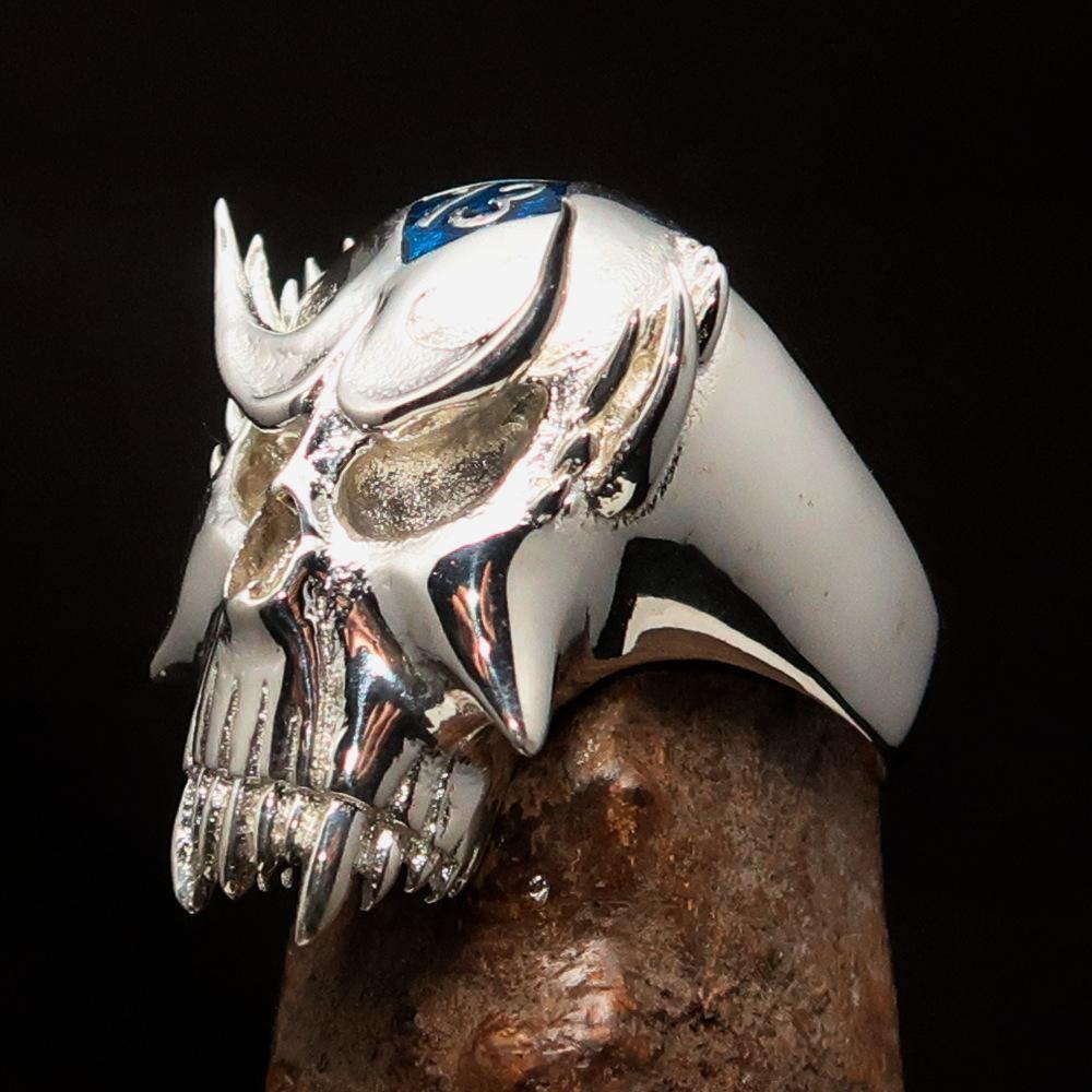 Excellent crafted Men's Vampire Skull Ring Blue Diamond 13 - Sterling Silver - BikeRing4u