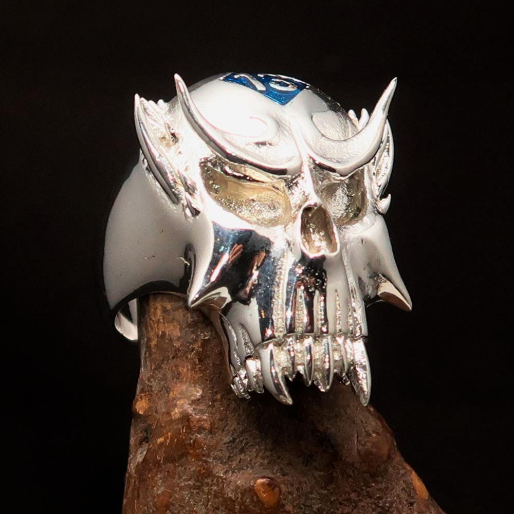 Excellent crafted Men's Vampire Skull Ring Blue Diamond 13 - Sterling Silver - BikeRing4u