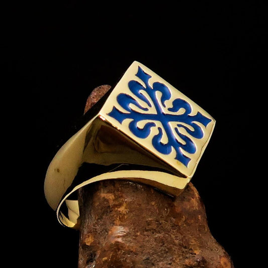 Excellent crafted Men's Royal Blue Fleur de Lis Cross Ring - solid Brass - BikeRing4u
