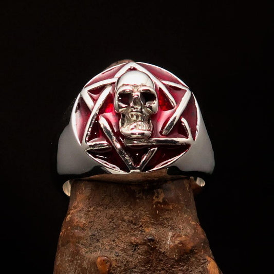 Excellent crafted domed red Men's Hexagram Skull Ring - Sterling Silver - BikeRing4u