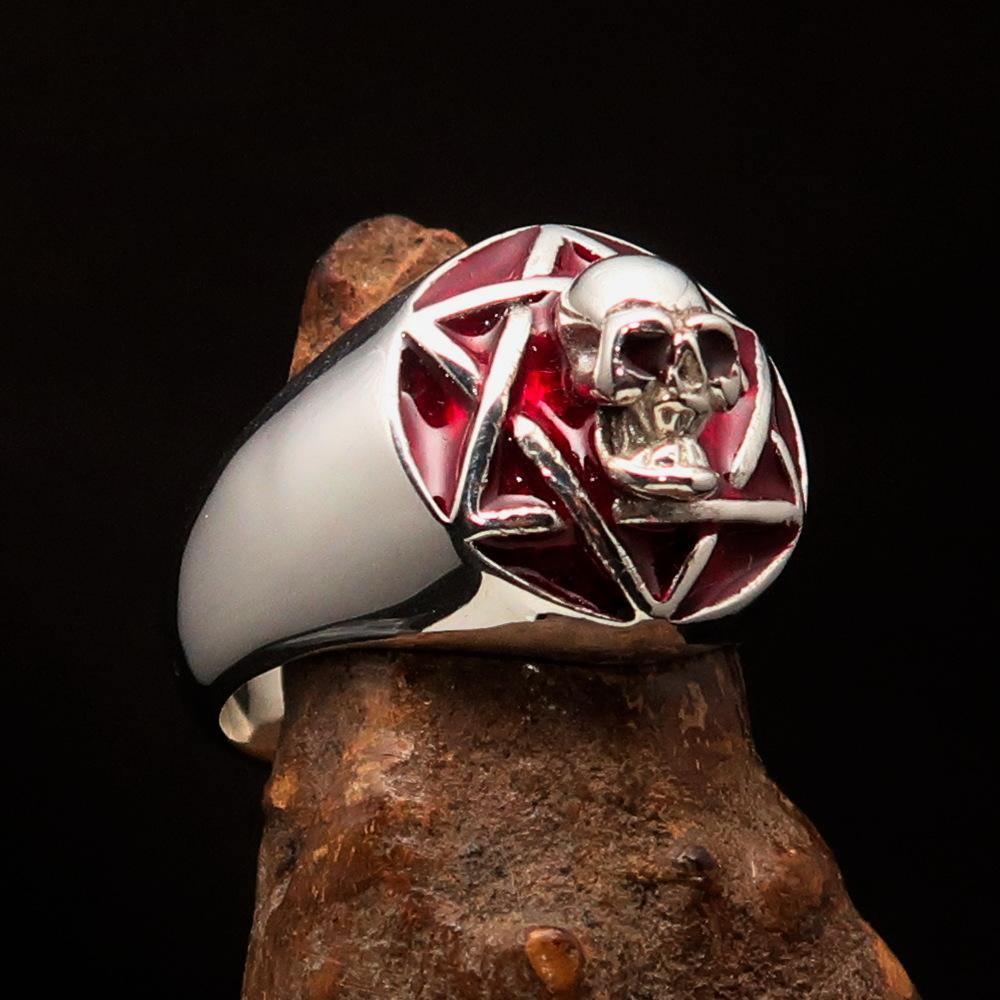 Excellent crafted domed red Men's Hexagram Skull Ring - Sterling Silver - BikeRing4u