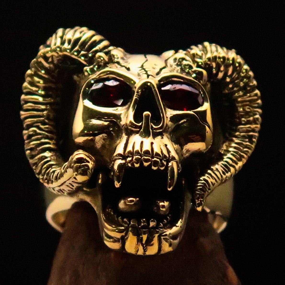 Excellent crafted Men's Brass Biker Ring Horned Ram Skull red CZ Eyes - BikeRing4u