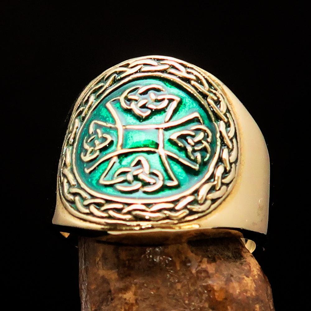 Excellent crafted ancient green Celtic Birgit's Cross Men's Pinky Ring - solid Brass - BikeRing4u