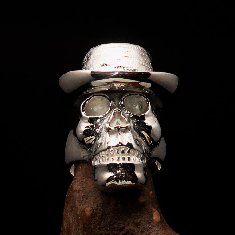 Excellent crafted shiny Men's Sterling Silver Cowboy Skull Ring - BikeRing4u