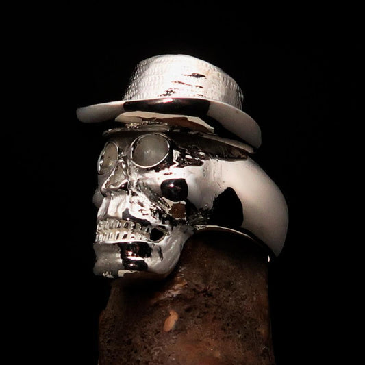 Excellent crafted shiny Men's Sterling Silver Cowboy Skull Ring - BikeRing4u