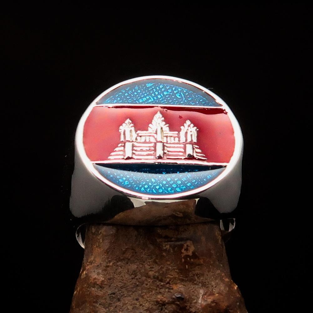 Perfectly crafted Men's round Flag Ring Cambodia - Sterling Silver - BikeRing4u